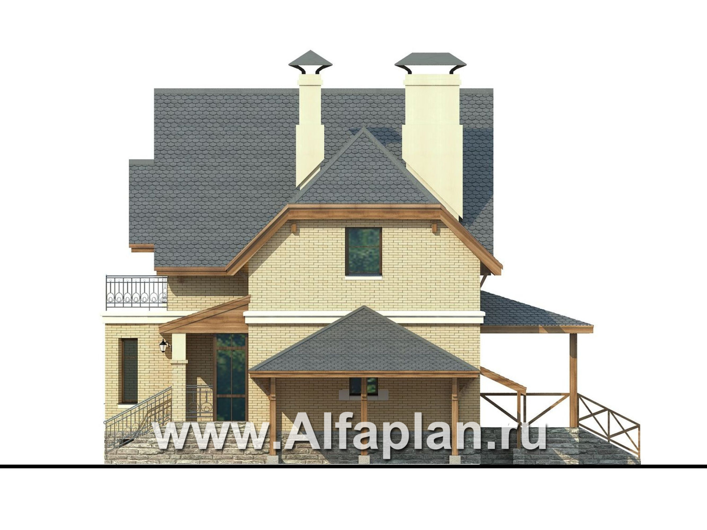 Проекты домов Альфаплан - Дом из газобетона «Шевалье плюс» с цокольным этажом - изображение фасада №2