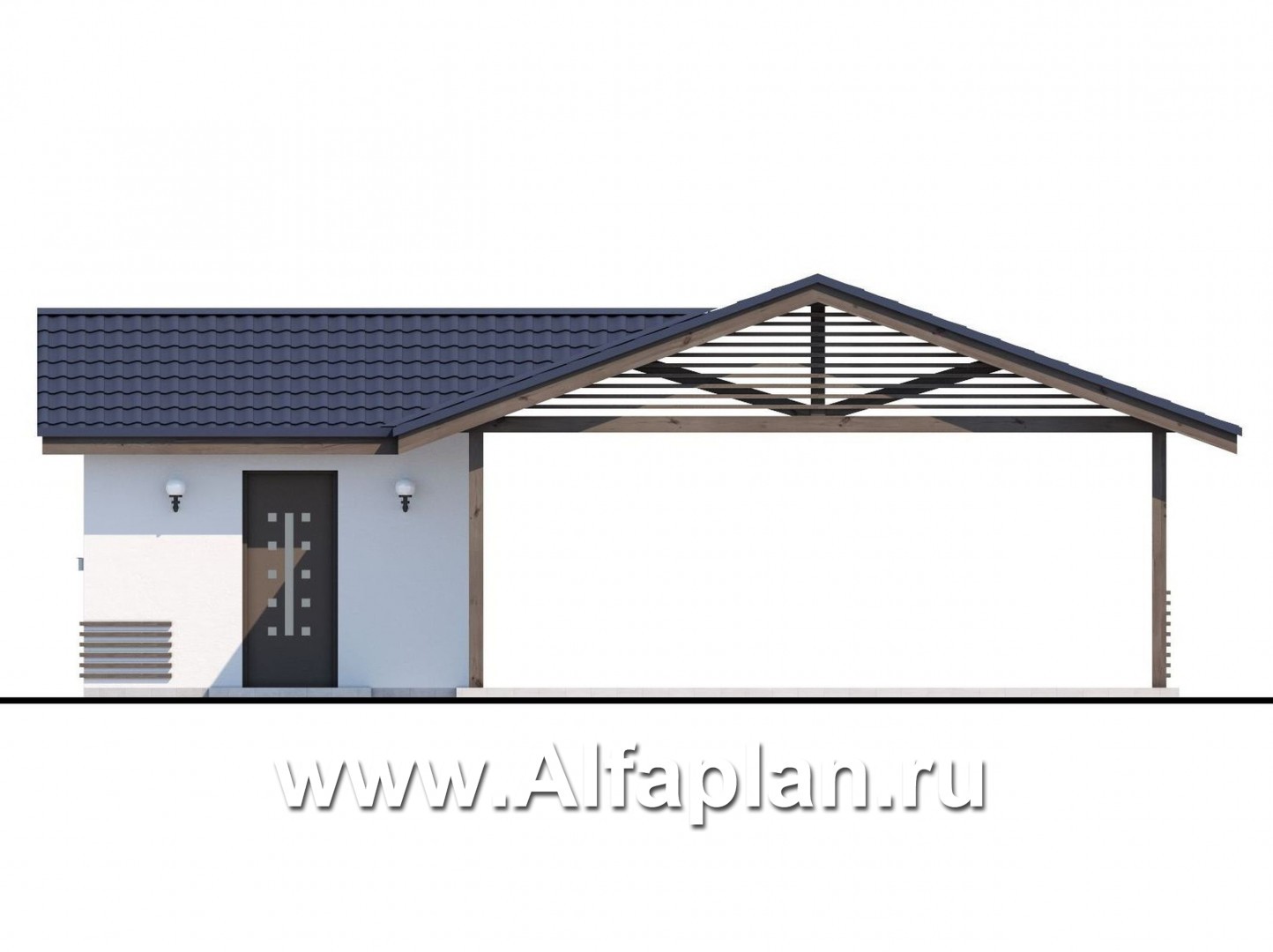 Проекты домов Альфаплан - Навес-стоянка для машин с небольшой кладовой - изображение фасада №1