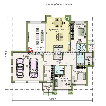 Проекты домов Альфаплан - «Калипсо» - комфортабельный одноэтажный дом с большим гаражом - превью плана проекта №1