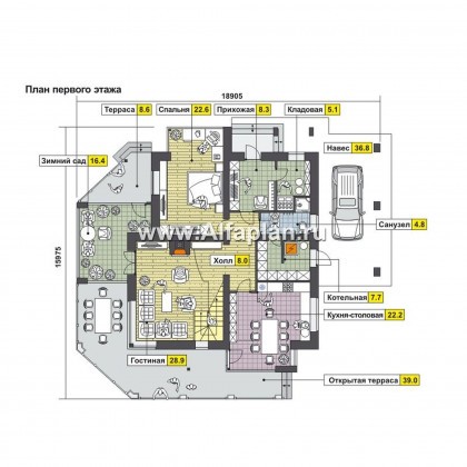 Проекты домов Альфаплан - Двухэтажный коттедж с террасами и зимним садом - превью плана проекта №1